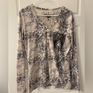 Rock & Roll Cowgirl Beige and Black Long Sleeve Tee Embellished Y2K Retro 90s XL